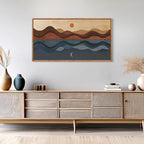 CHDITB Framed Canvas Wall Art for Bedroom, Sun and Moon Long Horizontal Wall Decor, Mid Century Modern Painting, Vintage Abstract Wave Line Poster, Mountain Sea Artwork for Living Room Office 40”X20”