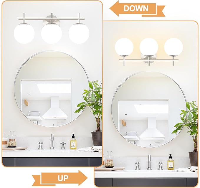 3-Light Bathroom Light Fixtures, Brushed Nickel Vanity Lights for Bathroom with Milky White Ball Shades, 18.9 inch Bathroom Lighting Fixtures Over Mirror, Wall Sconce for Bedroom (Bulb Not Included)