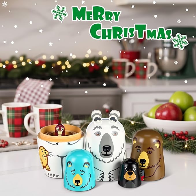 Gejoy Russian Nesting Dolls for Kids Handmade Matryoshka Wooden Stacking Toys Nesting Dolls Collectible Gifts for Winter Christmas Holiday Present Boys Girls Adults Home Decor(Bear Animal)