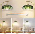 Glass Floor Lamp with Table and Shelves for Living Room Bedroom,Gold Standing Lamp with Remote Dimmable,Boho Brass Tall Lamp Vintage Farmhouse Arc Green Flower Floor Light Bohemian