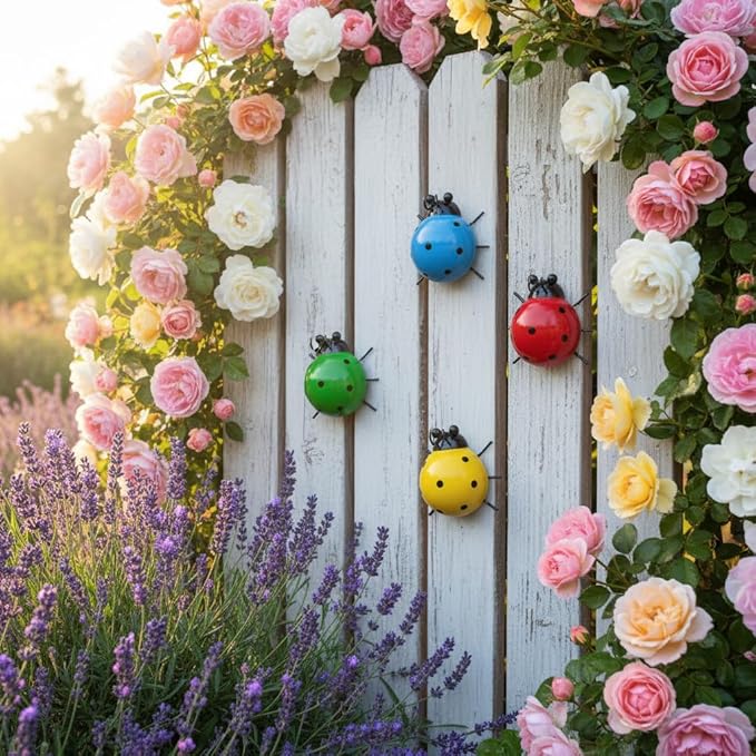 Cute Colorful Ladybug Metal Garden Decor, Set of 4 Outdoor Yard Art, Lawn Ornaments, Fence & Patio Wall Sculptures, for Mom, Housewarming
