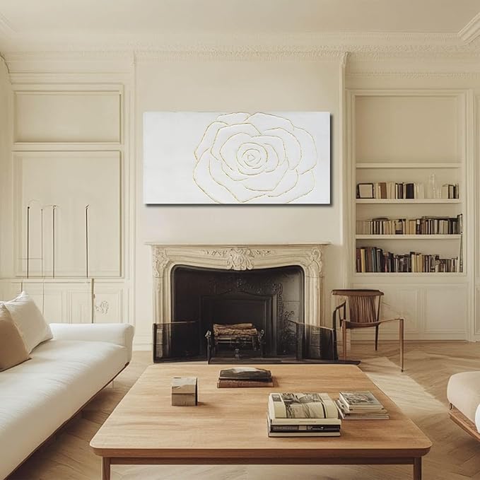 NBAODAN Textured Wall Art Abstract Floral Painting White Pictures Wall Decor Gold Line Art 24"x 48" Large Artwork For Living Room Bedroom office Wall Decor