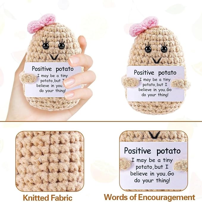 WASTIME Funny Knitted Wool Doll Toy with Positive Card - Creative Cute Mini Crochet Positive Potato Dolls Cheer Up Gift for Family Kids Friends Encouragement Decoration (Potato Girl & Pineapple)