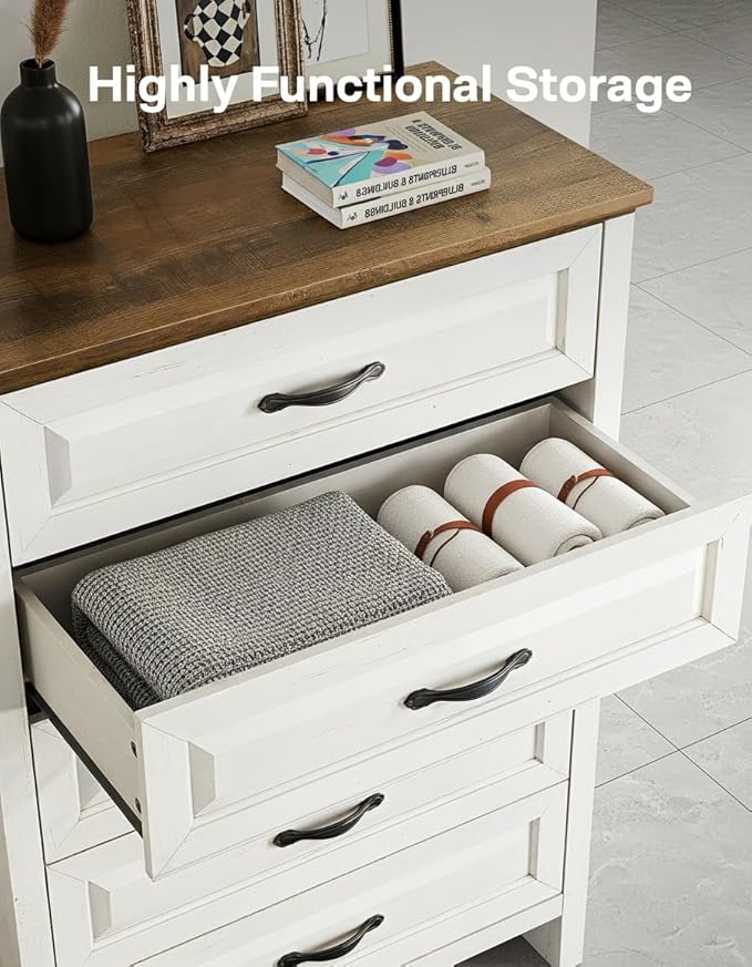 Marsail Farmhouse 5 Drawer Dresser, Wood Chest of Drawers with Natural Texture, Smooth Gliding Drawers, Versatile Storage Organizer Cabinet for Bedroom & Living Room, White and Brown