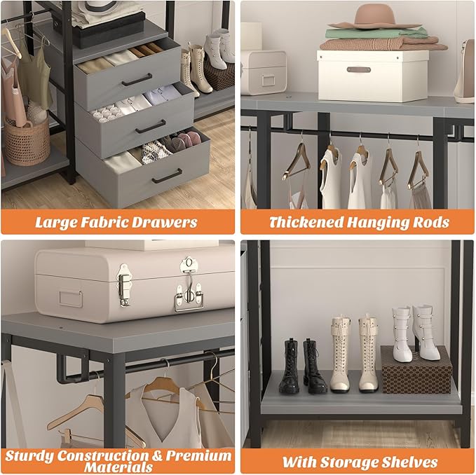 Aheaplus Garment Rack Heavy Duty Clothes Rack for Hanging Clothes,Clothing Rack with Drawers, Wood Stoarge Shelf Freestanding Closet Wardrobe Rack, Corner L Shaped Closet System Organizers, Grey
