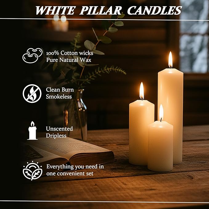 18 Pcs White Pillar Candles Bulk Set，Hurricane Candles，2x3 2x4 2x6 Inch - 12 Each Size，Dripless Unscented Smokeless，Gives You a Better Atmosphere When Organizing an Event Party.