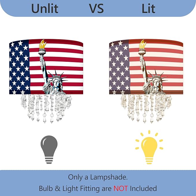 Patriotic Fabric Lamp Shade with Acrylic Bead Droplets, American Flag & Statue of Liberty, Drum Light Shade for Ceiling Pendant Table or Floor Lamps, 4th of July Decor, Military Gifts, 11.8in