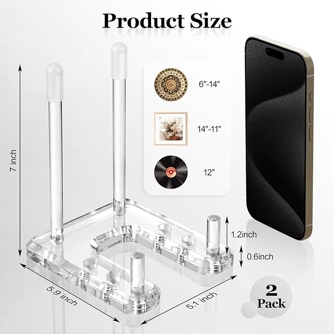 Plate Stands for Display, 2 Pack Clear Acrylic Display Easel with Adjustable Pegs for Decorative Plate, Books, Records, Plaque, Picture Frame, Platter Tabletop Art