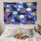 VUMIVI Black Cat Floral Tapestry Red White Hand-Painted Flowers Cute Animals Kids' Doodles Tapestry Wall Hanging for Living Room Bedroom Dorm Classroom Aesthetic Decor W90xL60in