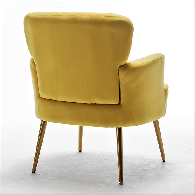 Trendy Velvet Accent Chair with Gold Metal Legs, Upholstered Armchair for Small to Mid-Size Spaces, Modern Living Room, Bedroom, Vanity Desk and Entryway, Yellow
