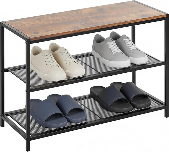DUMOS 3-Tier Shoe Bench with Storage, Industrial Entryway Sturdy Shoe Rack Organizer Bench with Mesh Shelves for Entryway, Hallway & Living Room, Easy Assembly, Rustic Brown and Black