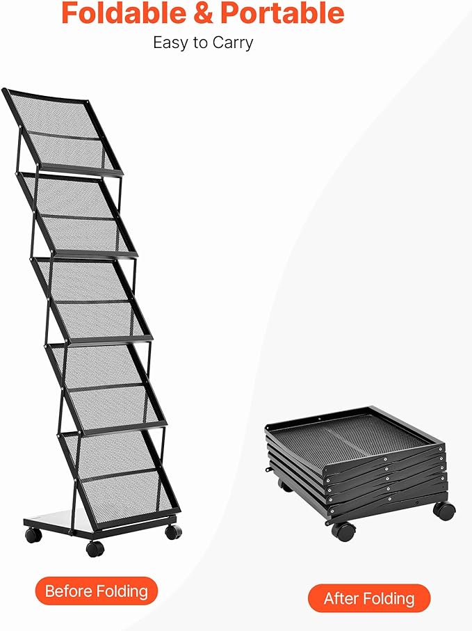 VEVOR Brochure Display Rack, Foldable 5 Pockets Magazine Literature Display Stand, Movable Floor Standing Magazine Rack with Wheels, Metal Newspaper Catalog Holders for Shop Exhibitions Office Show