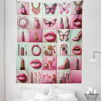 Ambesonne Pink Tapestry Twin Size, Squares of Feminine Fashion Lipstick Butterfly Makeup Glam Kisses Concepts, Wall Hanging Bedspread Bed Cover Wall Decor, 68" X 88", Pale Mint Green