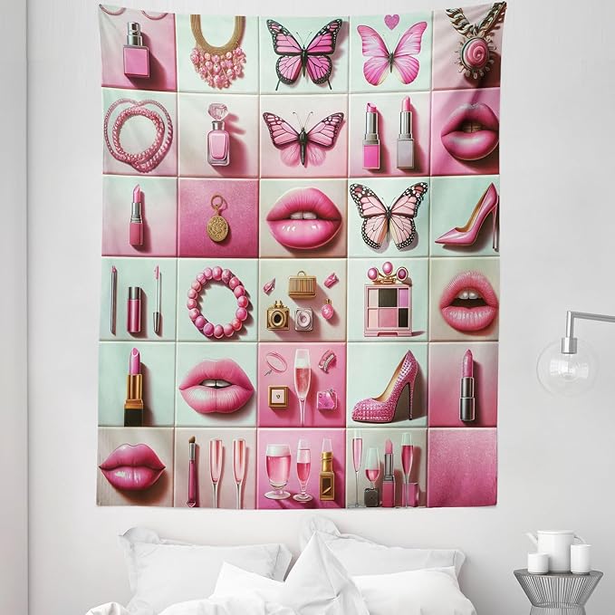 Ambesonne Pink Tapestry Twin Size, Squares of Feminine Fashion Lipstick Butterfly Makeup Glam Kisses Concepts, Wall Hanging Bedspread Bed Cover Wall Decor, 68" X 88", Pale Mint Green