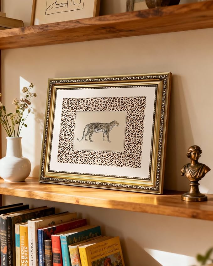 ARPEOTCY Gold Framed Canvas Wall Art, 11x14 Vintage Leopard Illustration with Leopard-Print Border, Safari Animal Wall Art for Living Room, Bedroom, Office, Glam & Maximalist Home Decor