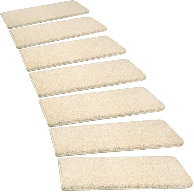 PURE ERA Bullnose Carpet Stair Treads Set Tape Free Non-Slip Indoor Stair Protectors Pet Friendly Rugs Covers Soft Skid Resistant Washable Reusable 9.5" x 30"(2 Pieces,Light Beige)