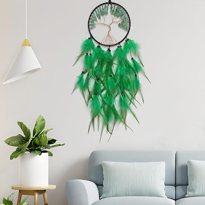 Green Dream Catcher Wall Decor Crystal Tree of Life Dream Catchers Handmade Feather Dreamcatcher Wall Hanging Ornament for Bedroom Living Room Home Decor