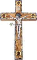 Olive Wood Wall Cross Silver Crucifix with Mother of Peral Design-Bethlehem Star on a Wooden Cross – Made in Bethlehem Holy Land The Place Where Jesus was Born by Christian Craftsmen.