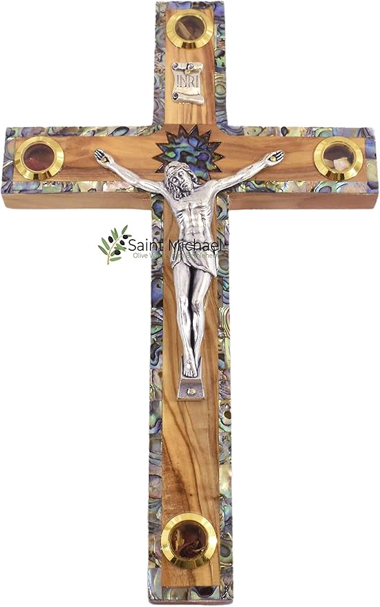 Olive Wood Wall Cross Silver Crucifix with Mother of Peral Design-Bethlehem Star on a Wooden Cross – Made in Bethlehem Holy Land The Place Where Jesus was Born by Christian Craftsmen.