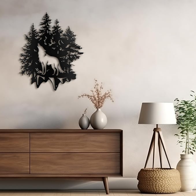 SIGNLEADER Metal Wall Art Decor Wolf and Pine Tree Minimalist Modern Abstract Wall Sculpture Hangings Home Decoration for Living Room, Bedroom, Bathroom, Kitchen, Outdoor - 18" Black