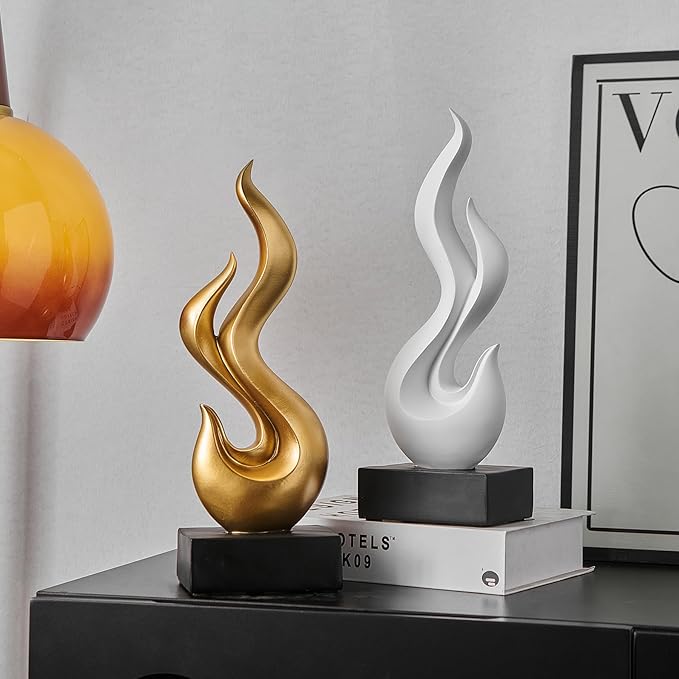 Modern Abstract Art Table Decoration, Gold Decor Flame Statue for Living Room Home, Black Shelf Decor Accents, Abstract Art Resin Sculpture for Dining Room, Office & Coffee Table Centerpiece (Gold)