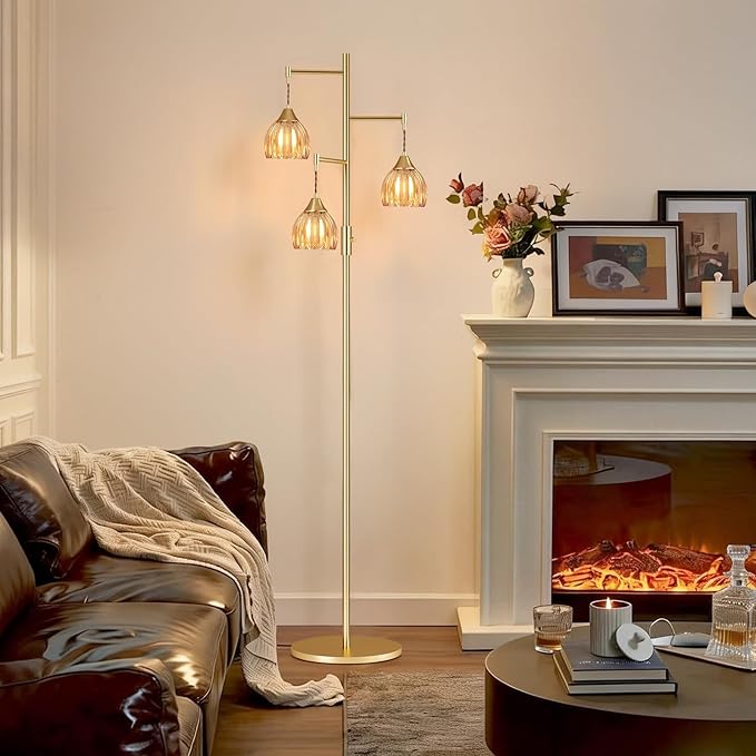 Dimmable Floor Lamp for Living Room, Bedroom, Gold Standing Lamp with 3pcs 6W Bulbs, Vintage Brass Floor Lamps for Corner, Nursery (Amber Tulip)