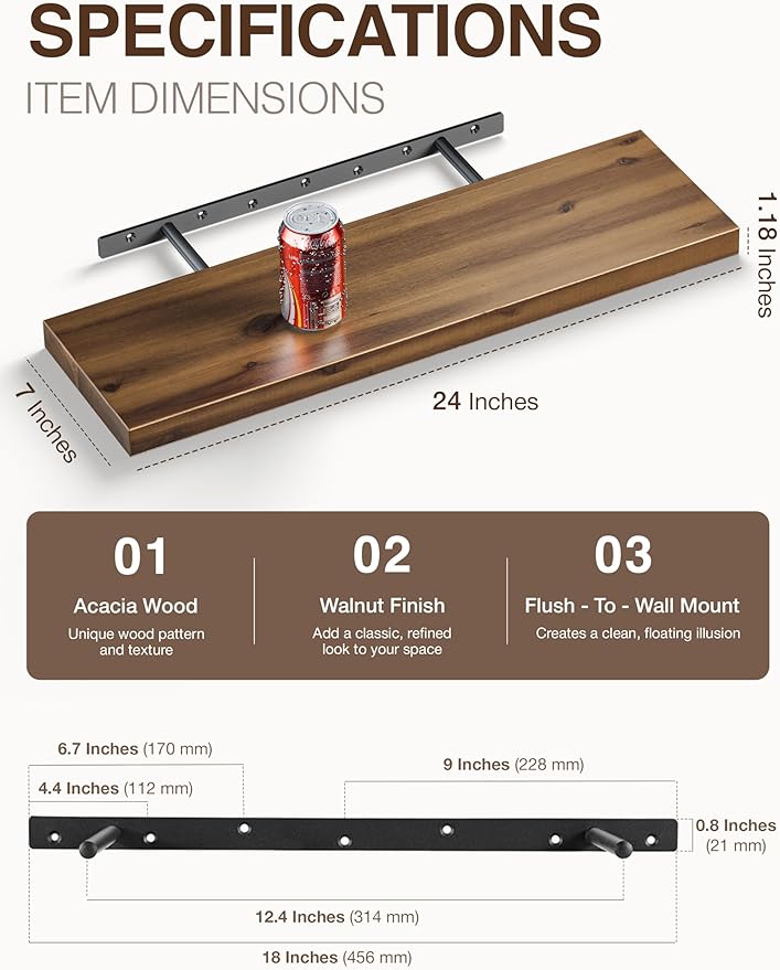 BATODA Set of 2 24" Acacia Floating Shelves for Wall – Rustic Farmhouse Wood Floating Shelf - Book Shelf for Wall & House Décor - DIY Floating Book Shelves - with Brackets & Hardware (Walnut Color)