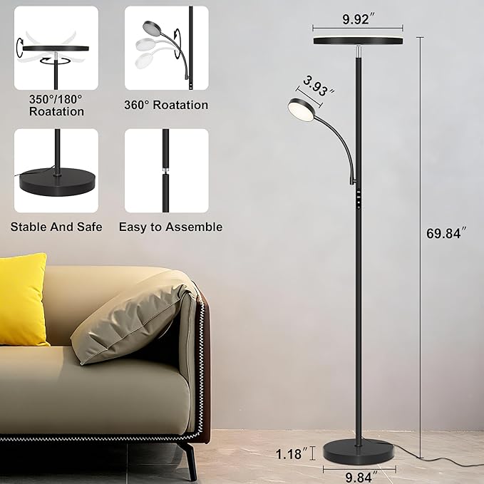 Floor Lamp-42W/4200LM Super Bright Floor Lamp,Dimmable 2-in-1 LED Floor Lamp for Bedroom,Torchiere Floor Lamps with Remote & Touch Control,69" Tall Standing Lamp for Living Room,Office,Reading