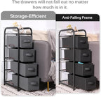 MAX Houser 4 Drawer Narrow Dresser Fabric Storage Tower Vertical Slim Storage Chest Organizer Nightstand Side/End Table Small Standing Organizer Removable Drawers Wood Top for Bedroom, Bathroom（Grey