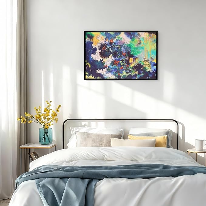 Charouse 1 Piece Framed Wall Decor Blue Green Abstract Eclectic Pastoral Vintage Artistic Wall Art for Living Room Office Bedroom Cafes Vibrant Spots Nature Architecture Pictures Christmas GIft Wall Decor 24*16 Inch