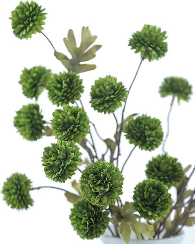 DuHouse 6pcs Artificial Flowers Faux Silk Pompon Mum,Silk Small Mini Chrysanthemum Ball with Stems for DIY Wedding Bouquets Centerpieces Vase Home Table Kitchen Decorations(Green)