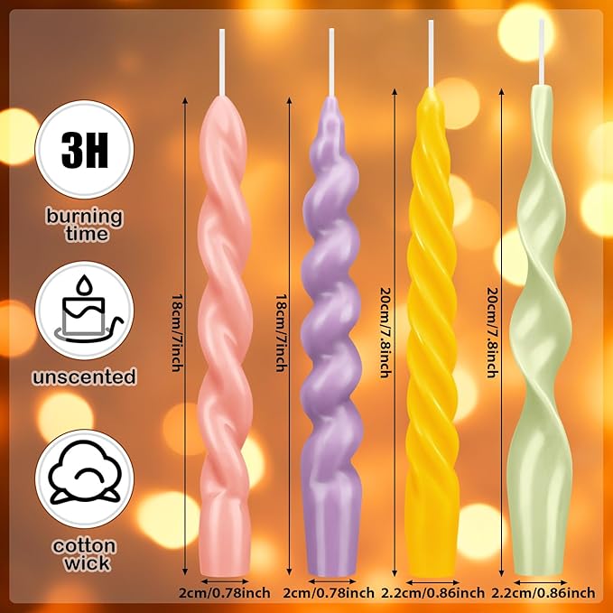 Nuanchu 4 Pcs 7.87 Inch Twisted Taper Candles Wax Unscented Smokeless Spiral Swirl Candlesticks for Wedding Holiday Dinner Party Home Decorations (Easter Color)