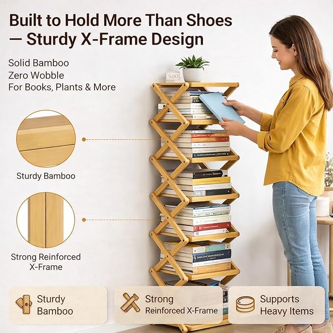 DDRIC 9-Tier No-Assembly Bamboo Rack, 2026 Upgraded Foldable Corner Shoe Rack, Space-Saving Organizer for Shoes, No-Tool Narrow Shelf for Entryway Closet Dorm (Nuture,7-Tier)