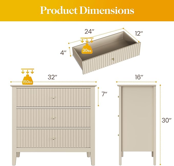 Large Beige 3 Drawer Dresser, Painted 30 Inch Tall Wood Nightstand with Storage, Wide Modern Chest of Drawers with Ball Bearing Slide for Bedroom Hallway Living Room Entryway Office
