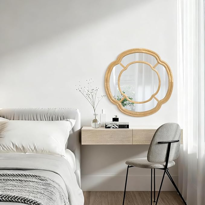 Wall Mounted Mirror, Wooden Round Framed Mirror Large Irregular Wavy Hanging Decorative Mirrors for Living Room Bedroom and Entryway Home 20 Inch Decor