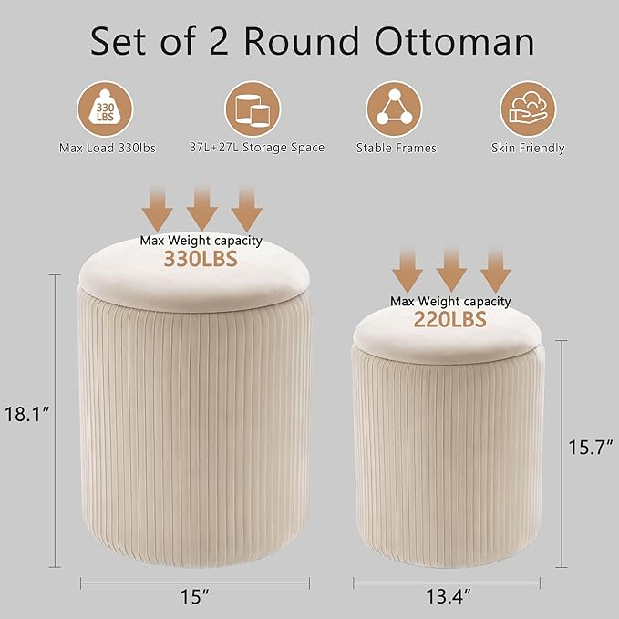 CAROLMADE Set of 2 Round Ottoman with Storage, Upholstered Vanity Stool Support 330lbs Multifunctional Coffee Table Ottoman Velvet Foot Rest Stool or Living Room Bedroom Dorm (Beige)