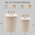 CAROLMADE Set of 2 Round Ottoman with Storage, Upholstered Vanity Stool Support 330lbs Multifunctional Coffee Table Ottoman Velvet Foot Rest Stool or Living Room Bedroom Dorm (Beige)