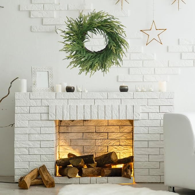20 Inch Norfolk Pine Winter Wreath - Artificial Pine Greenery Winter Christmas Wreaths for Front Door Porch Wall Window Porch Fireplace Indoor Outdoor Decor Christmas Decorations