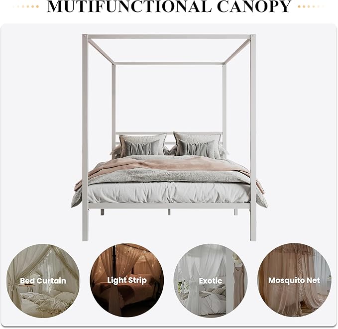 SHA CERLIN Metal Canopy Bed Frame Queen Size/Mattress Foundation with Metal Slats Support/No Box Spring Needed/Easy Assembly/White