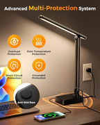LED Desk Lamp for Office Home, Power Strip with 3 Outlets 4 USB Charging Ports(2 USBC), 4 Modes 5 Level Brightness Desk Light, Small Desk Lamp for College Dorm Room Essentials