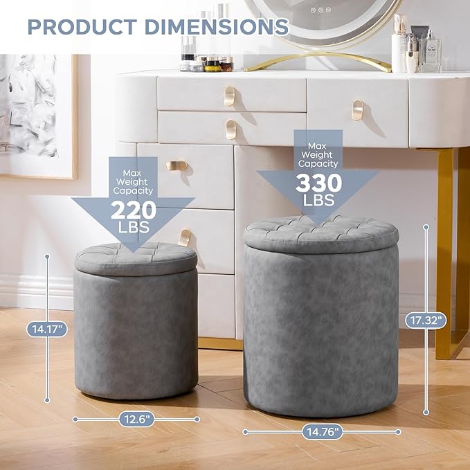 12.6" W x 14.17" H & 14.76" W x 17.32" H Round Set of 2 Ottoman with Storage Vanity Stool for Makeup Multifunctional Ottomans Padded Seat Foot Rest, Padded Seat Footrest for Living Room,Grey