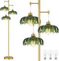 Gold Floor Lamp for Living Room Bedroom,Modern Floor Lamps with Unique Green Glass Shades,3 Lights Mid Century Tall Standing Lamp,Vintage Tree Flower Floor Lamp for Corner Office Reading