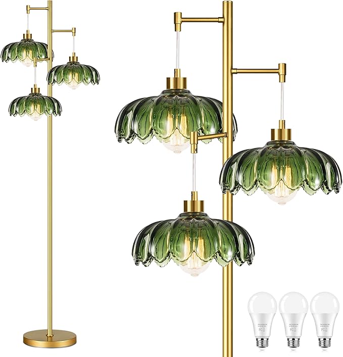 Gold Floor Lamp for Living Room Bedroom,Modern Floor Lamps with Unique Green Glass Shades,3 Lights Mid Century Tall Standing Lamp,Vintage Tree Flower Floor Lamp for Corner Office Reading