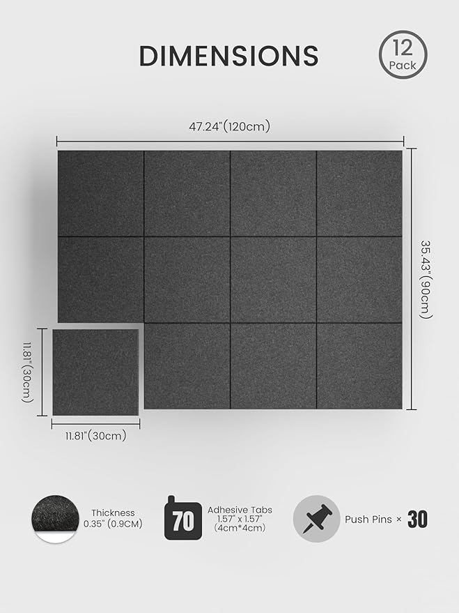 Bumusty Large Cork Board 48" x 36" Alternative - 12 Pack Felt Wall Tiles with 70 Safe Removable Adhesive Tabs, 30 Pushpins, Cork Boards for Walls Pin Board Bulletin Board Office Decor (Charcoal Gray)