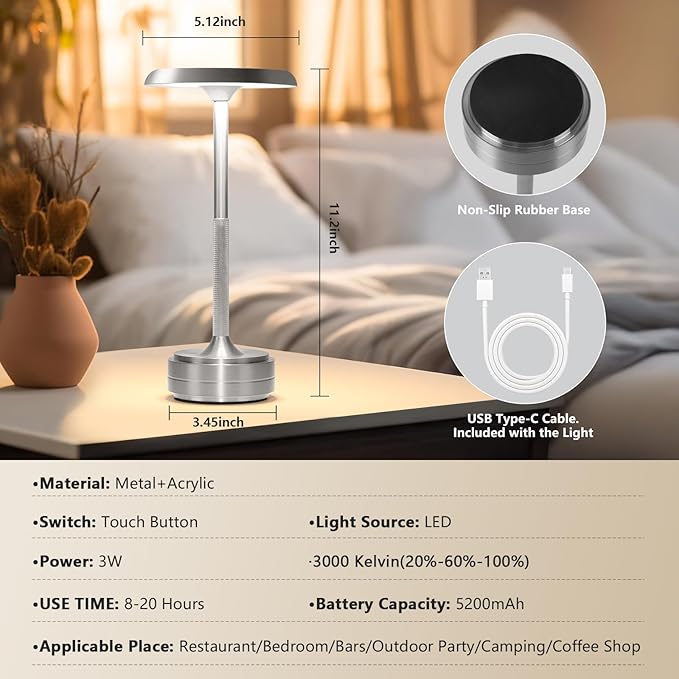 Rechargeable Cordless LED Table Lamps Touch Sensor Light, 3-Levels Portable Dimming Wireless Battery Operated Lamp，Nightstand Lamp/Night Light/Restaurant Table/Outdoor/Coffee/Bar (Silver)