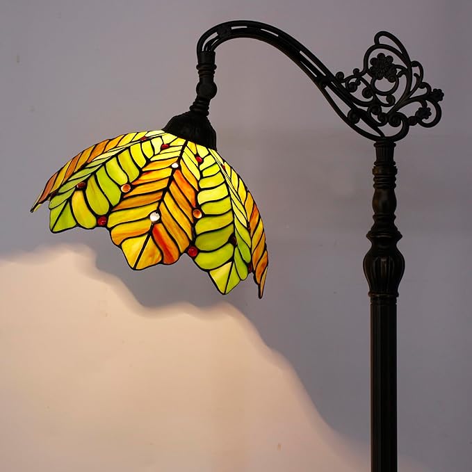 Tiffany Floor Lamp Stained Glass Lamp 18.88X12X67 Inch Angle Adjustable Arched Gooseneck Antique Reading Light (Amber Green Beach Coconut Tree)