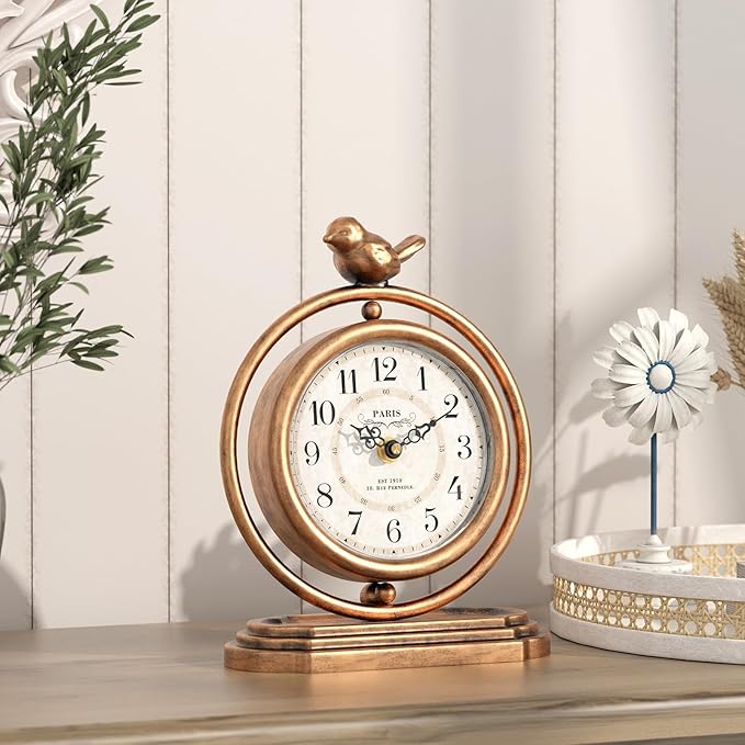 Gold Vintage Table Clock with Bird, European Retro Style Mantel Clocks, Desk and Shelf Decor Clock, for Living Room, Farmhouse, Bedside, Bedroom, Gift (7.9" H x 6.3" W)