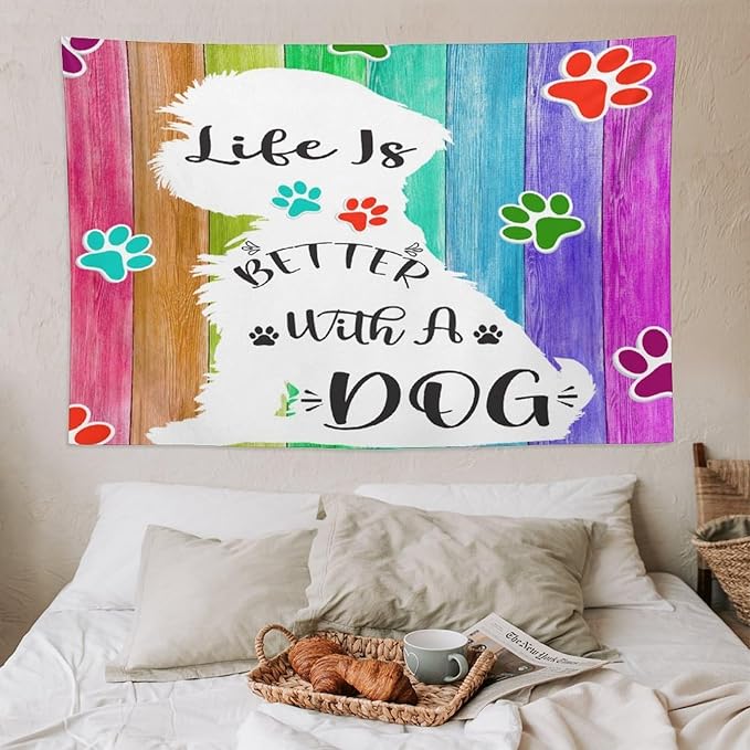 VUMIVI Cute Dog Tapestry Rainbow Color Planks Rustic Farmhouse Home Decor Pet Paws Tapestry Wall Hanging for Living Room Bedroom Dorm Classroom Aesthetic Decor W90xL60in
