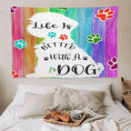 VUMIVI Cute Dog Tapestry Rainbow Color Planks Rustic Farmhouse Home Decor Pet Paws Tapestry Wall Hanging for Living Room Bedroom Dorm Classroom Aesthetic Decor W90xL60in