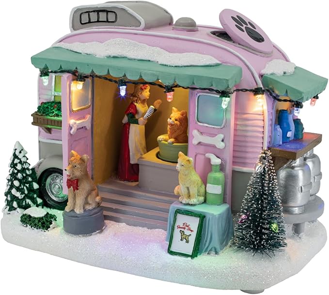 Pet Grooming Trailer Animated Christmas Village with LED Lights and Music
